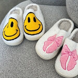 Two pairs! Cozy Slippers with Smiley and Bow Designs size 37 woman’s 6.5